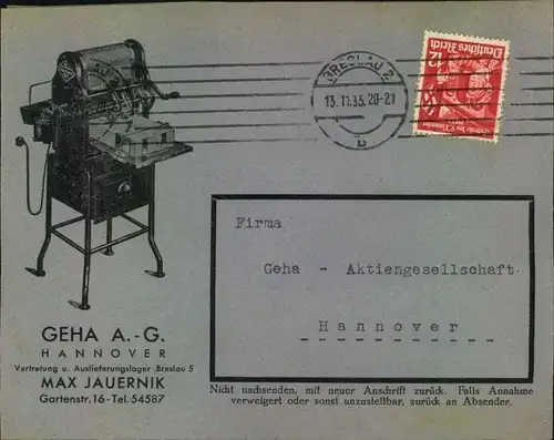 1935, toller Firmen-Werbebrief, Reklame, GEHA A.-G. Hannover MAX JAUERNIK, Vertretung u. Auslieferung Breslau 5