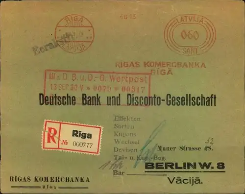 1930, registered letter with meter mark RIGA