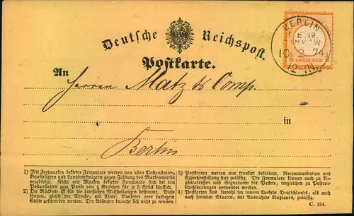 BERLIN P.E. 19 PANKOW seltener Stempel auf Firmenpostkarte mit 1/2 Groschen kleiner Brustschild. Karte kleines Loch.