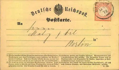 1872, Firmenpostkarte mit 2 Kreuzer kleiner Brustschild auf Firmenkarte ab MANNHEIM nach Berlin (Michel 500,-)