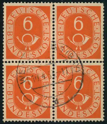 1951, 6 Pfg. Posthorn im fast zentrisch gestempelten Viererblock. Michel 300,-