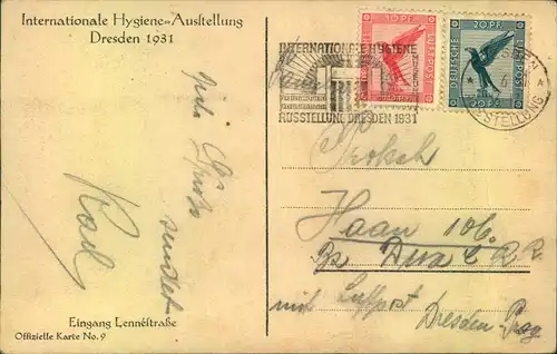 1931, DRESDEN HYGIENE AUSSTELLUNG auf Sonderkarte per Luftpost nach Holland.