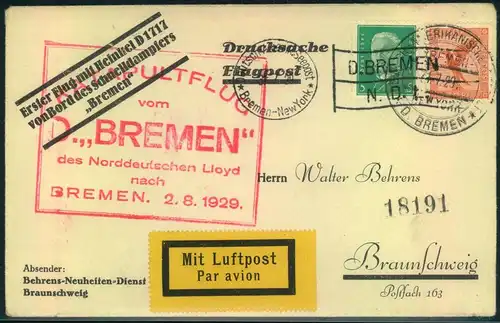 1929, 2.8. Katapultpostbrief ""Erster Flug mit Heinkel D 1717 von Bord des Schnelldampfers ""BREMEN""