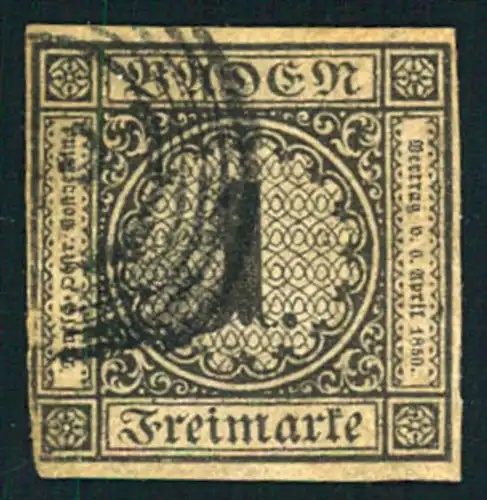 1851, 1 Kreuzer schwarz auf Braun, links unten leicht berührt.