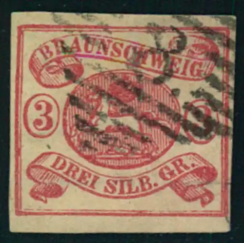 1862, 3 Sgr. Karmin auf weiß, voll- bis breitrandiges Kabinettstück mit Nummernstempel ""8"" BRAUNSCHWEIG. Rückseitig kl