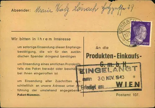 1943, Empfangsbestätigung für ein Liebesgabenpaket der Firma ""Meinl"" ab LÖRRACH nach Wien.