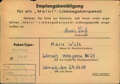 1943, Empfangsbestätigung für ein Liebesgabenpaket der Firma ""Meinl"" ab LÖRRACH nach Wien.