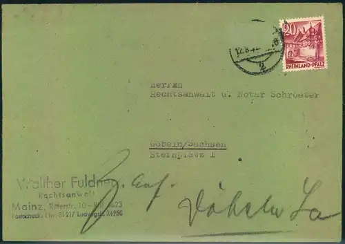 1949, Brief ab MAINZ 12.8.49 mit 20 Pfg. Rheinland-Pfalz adressiert nach Döbeln, Sachsen. Wohnungsbaumarke entfernt mit