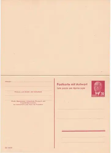 Doppelkarte 20 Pfg. Pieck mit deutscher und französischer Überschrift. Sauber ungebraucht.