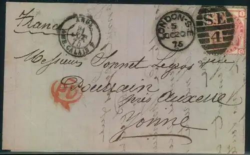 1875, 3 d QV, plate 18 on letter with duplex ""LONDON S.E.1"" sent to France.