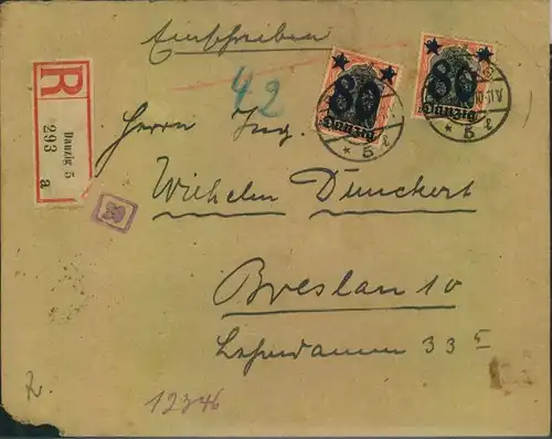 1921, Einschreiben ab DANZIG 5 mit Mehrfachfrakatur. Rückseitig ""Auf Grund der VerordnungÂ…geöffnet"". Umschlag Eckfehl