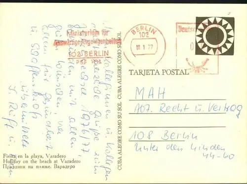1977, Postkarte aus Moskau von der DDR-Botschaft mit Freistempel Auswärtiges Amt 102 Berlin PSF 101.