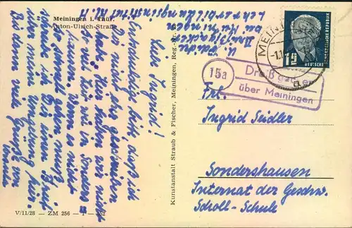 1952, Postkarte (Anton-Ulrich-Strasse) mit PSt-Stempel "15a Dreißigacker über Meiningen" mit weiterverwendeter PLGZ