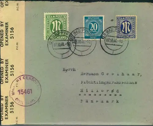 1946, Brief mit AM-Post und Ziffernfrankatur ab (21) BAD PYRMONT in das Flüchtlingskrankenhaus Hillerød in Dänemark. Bri