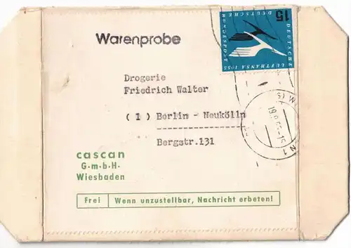 1955, 15 Pfg. Lufthansa als seltene Einzelfrankatur für eine Warenprobe ab Wiesbaden nach Berlin.