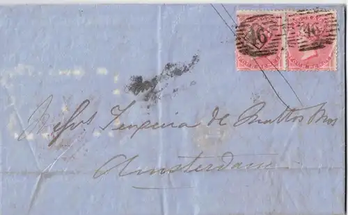 1862, folded letter franked with hor. Pair 4 d wothout corner letters and wm large garter to Amsterdam. One stamp with d
