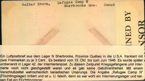 1941, airmail letter sent from Camp ""N"", Sherbroke, Province Quebec, to New York City with ""BASE A.P.O. cancdellation