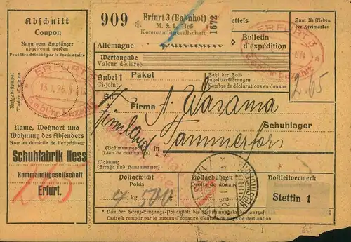 1924/1925, Selbsbucher-Paketkarte  "Gebühr bezahlt" - nach Finnland - ERFURT 3 (BAHNHOF)