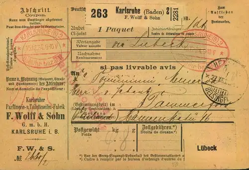 1924/1925, Selbsbucher-Paketkarte  "Gebühr bezahlt" - nach Finnland - KARLSRUHE (BADEN)