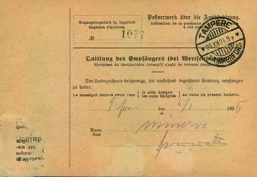 1924/1925, Selbsbucher-Paketkarte  "Gebühr bezahlt" - nach Finnland - KARLSRUHE (BADEN)