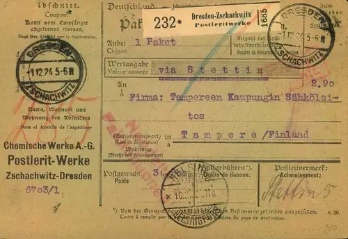1924/1925, Selbsbucher-Paketkarte  "Gebühr bezahlt" - nach Finnland - DRESDEN-ZSCHACHWITZ