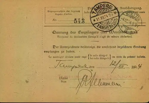 1924/1925, Selbsbucher-Paketkarte  "Gebühr bezahlt" - nach Finnland - DRESDEN-ZSCHACHWITZ