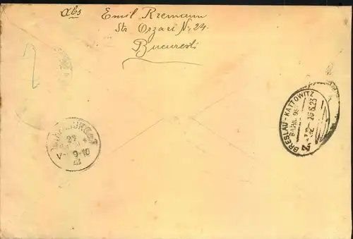 1892, Einschreiben aus BUKAREST mit Bahnpost R-Zettel ""Vom Ausland über Bahnpost 5"" nach Bayern. Bahnpoststempel Bresl