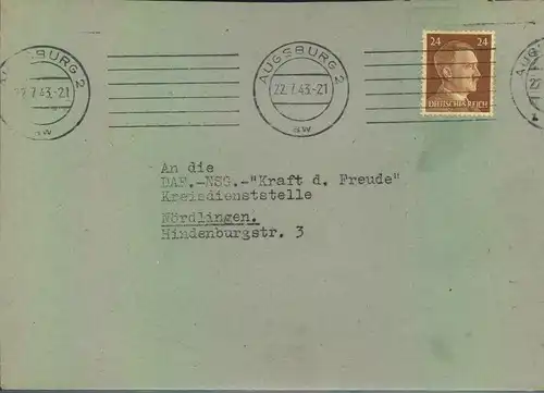 1943, 24 Pfg Hitler, sehr seltene Einzelfrankatur ab AUGSBURG - Katalogwert völlig daneben
