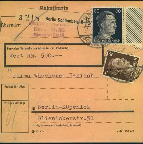 1943, Wertpaketkarte mit Hitlerfrankatur ab BERLIN-SCHÖNEBERG