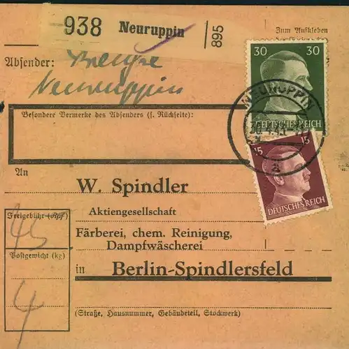 1943, Vordruckpaketkarte mit Hitlerfrankatur ab NEURUPPIN