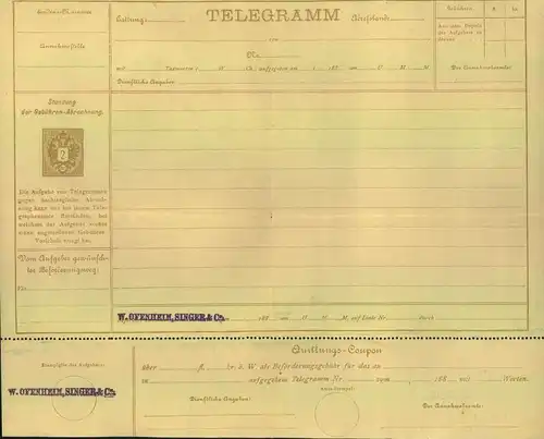 1885, Telegramm-Aufgabeblatt ("188...) 2 Kreuzer Wappen (ANK Nr. 4) selten
