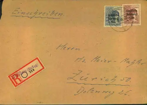 1948, Auslandseinschreiben 2. Gewicht Not-R-Stempel "Mölkau (Kr. LzG)