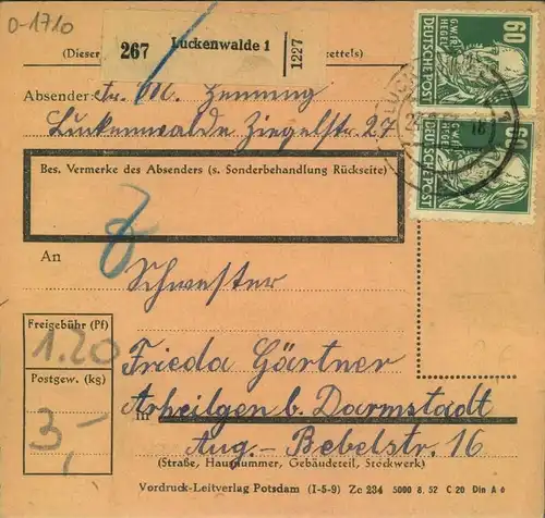 1952, Paketkarte MeF 60 Pfg. Köpfe I ab LUCKENWALDE (Mi 120,-)