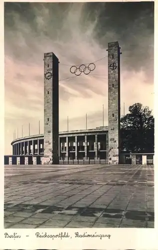 1936, Reichssportfeld, Stdioneingang, Glockenturm - AK gelaufen 1940