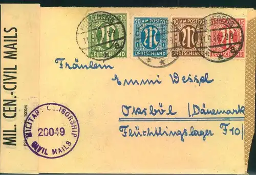 1946, Auslandsbrief mit 75 Pfg. AM-Post MiF ab PINNEBERG in das dänische Flüchtlingslager Oksböl. Umschlag zweiseitig of