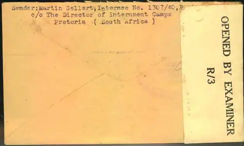 1943, ""Internee&acute;s Post"" from Internment camp Pretoria to Daressalam with censor mark and strip.