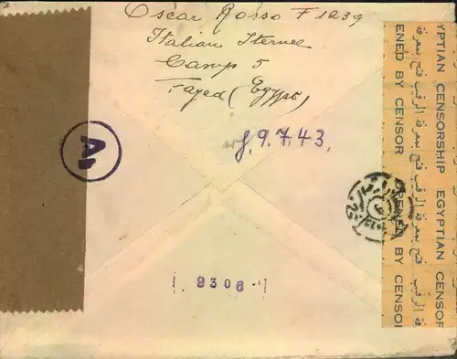 1943, ""Civilin Internee&acute;s Mail"" of an Italian Internee in Camp Fayed Egypt. German ans Egyptian censor mark and