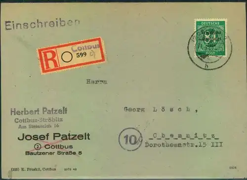 1948, Einschreiben 84 Pfg. Ziffer Masch-Aufdr. mit Not-R-Stempel COTTBUS: Michel unterbewertet