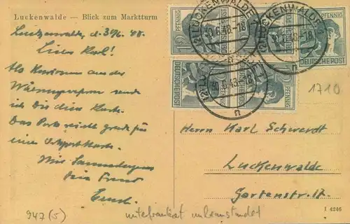 1948, Postkarte mit unterfrankiertem 10-fach-Porto unbeanstandet ab (2)LUCKENWALDE 31.6.48