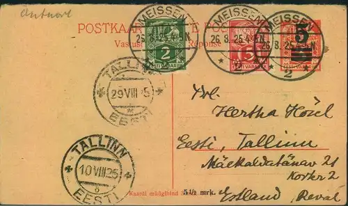 1935, reply part of a double stat. Card 5 on 3 Mk. With additional franking back from MEISSEN to Tallinn.