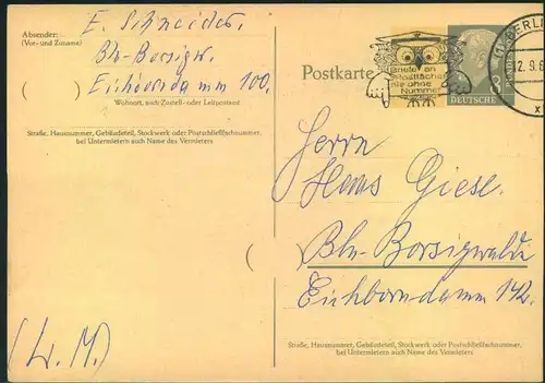 1961, Postkarte mit Wertstempel 8 Pfg. Heuss mit breitem Fluoreszenz Beidruck gebraucht in Berlin.