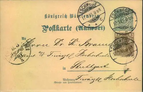 1901, seltene Mischfrankatur 3 Pfg. Germania Reichspost auf württembergischer 2 Pfg. Antwortkarte ab Eschwege. Nur kurze