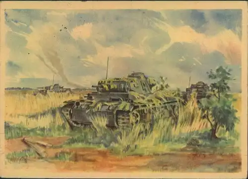 1944, Propagandakarte ""Getarnte Panzer"" als Feldpostkarte gelaufen.