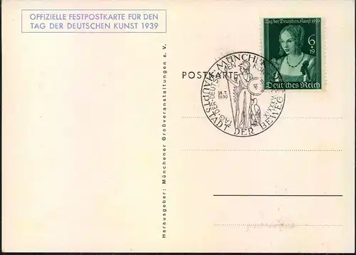 1939, Tag der Deutschen Kunst - München mit Marke und Sonderstempel.