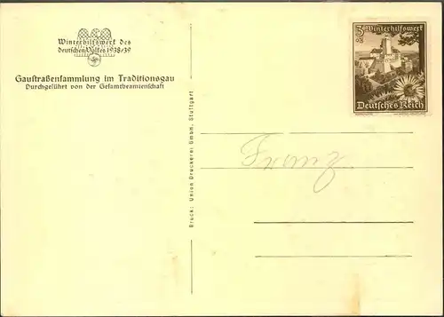 1938/1939, Winterhilfswerk Postkarte ungebraucht mit Marke.