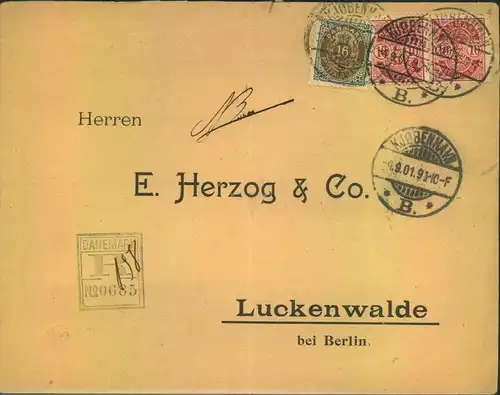 1891, registered letter from KOPENHAGEN with interesting ""R"" stamp and better franking by 16 Ore arms sent to LUCKENWA