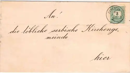 1884, 3 K envelope on domestic letter in FEHERTEMPLOM with arrival on reverse. Fehertemplom is a small serbian town in