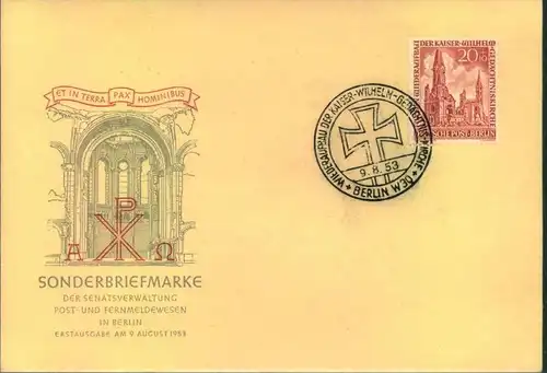 1953, 20 Pfg. Gedächtniskirche auf amtlichem FDC (Michel 160,-)