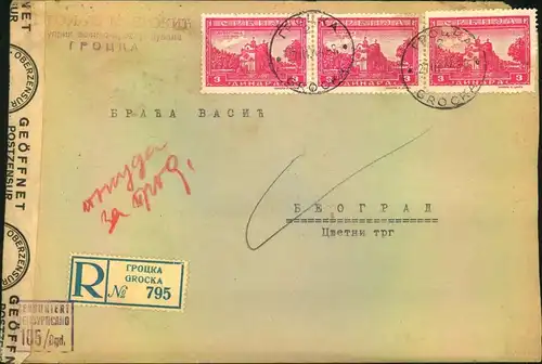 1944, Einschreiben mit dreimal 3 Dinar ab GROCKA nach Belgrad. Mit Zensurstreifen ""GEÖFFNET POSTZENSUR"" und Kastenstem
