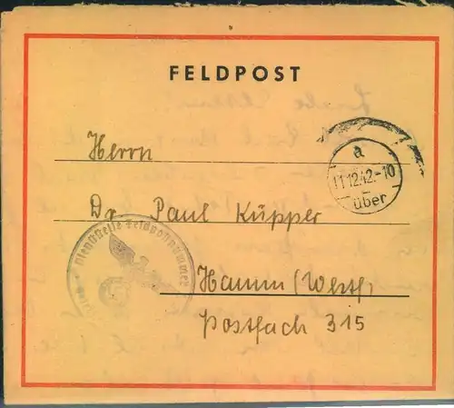 1942, FP-Faltbrief, Absender FP-Nummer 35304 ""7. Komp. Wach Btl Brigade Hermann Göring"". Geschrieben wurde der Brief i